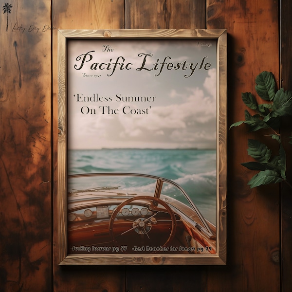 Pacific Lifestyle - Vintage California Magazine Cover - Classic Woody Boat On Ocean - 1960's Retro Ocean Art - Coastal Palms Boats - Digital