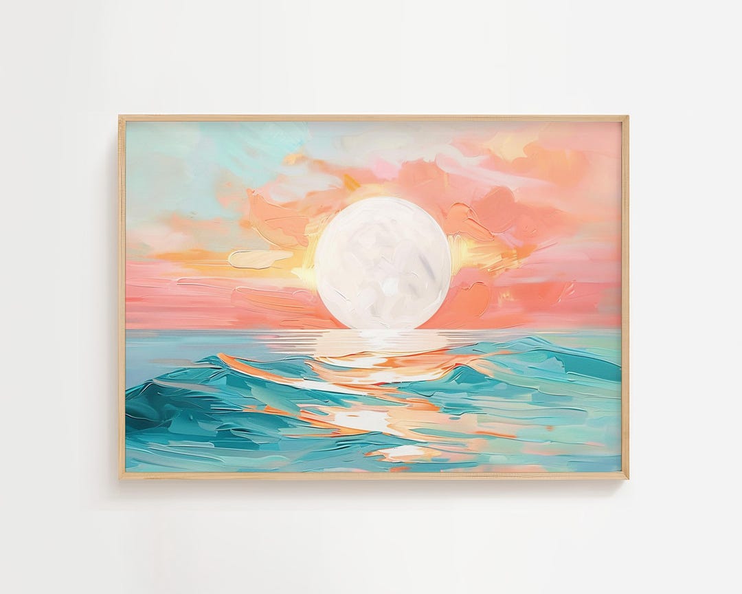 満月の反射 | カラフルな海の絵 | パステル水彩画 | 白い月の海の景色