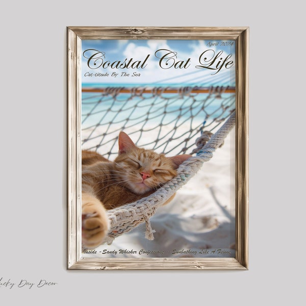 Coastal Cat Life - Whimsical Beach Cats - Afternoon Nap In Hammock - Trendy Bathroom Dorm Art - Lazy Tomcat - Digital Download