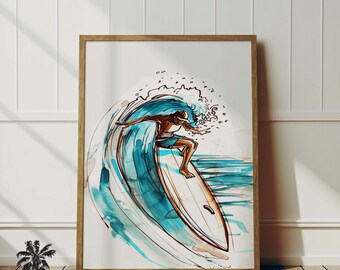 Könnte beinhalten: Ein Aquarellbild eines Surfers, der auf einer Welle reitet. Der Surfer befindet sich in der Mitte der Welle, mit Wasser, das um ihn herum spritzt. Die Welle ist in einem leuchtenden Blau gehalten, und der Surfer trägt einen blau-weißen Badeanzug. Das Bild ist in einem Holzrahmen gerahmt.