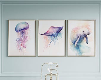Aquarell Sealife 3er-Set | Rochen Qualle Seekuh | Bunte Wanddekoration Küstenwandkunst | Badezimmer Wand Kunst | Digitaler Download