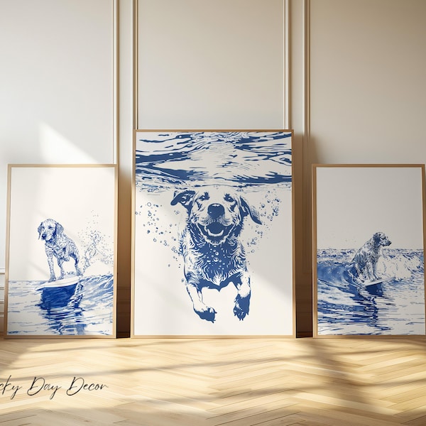 Surfing & Swimming Labrador | Beach Life Set Of 3 | Vintage Coastal Dog Prints | Labrador Retriever Art Navy Blue Sketch | Adorable Download