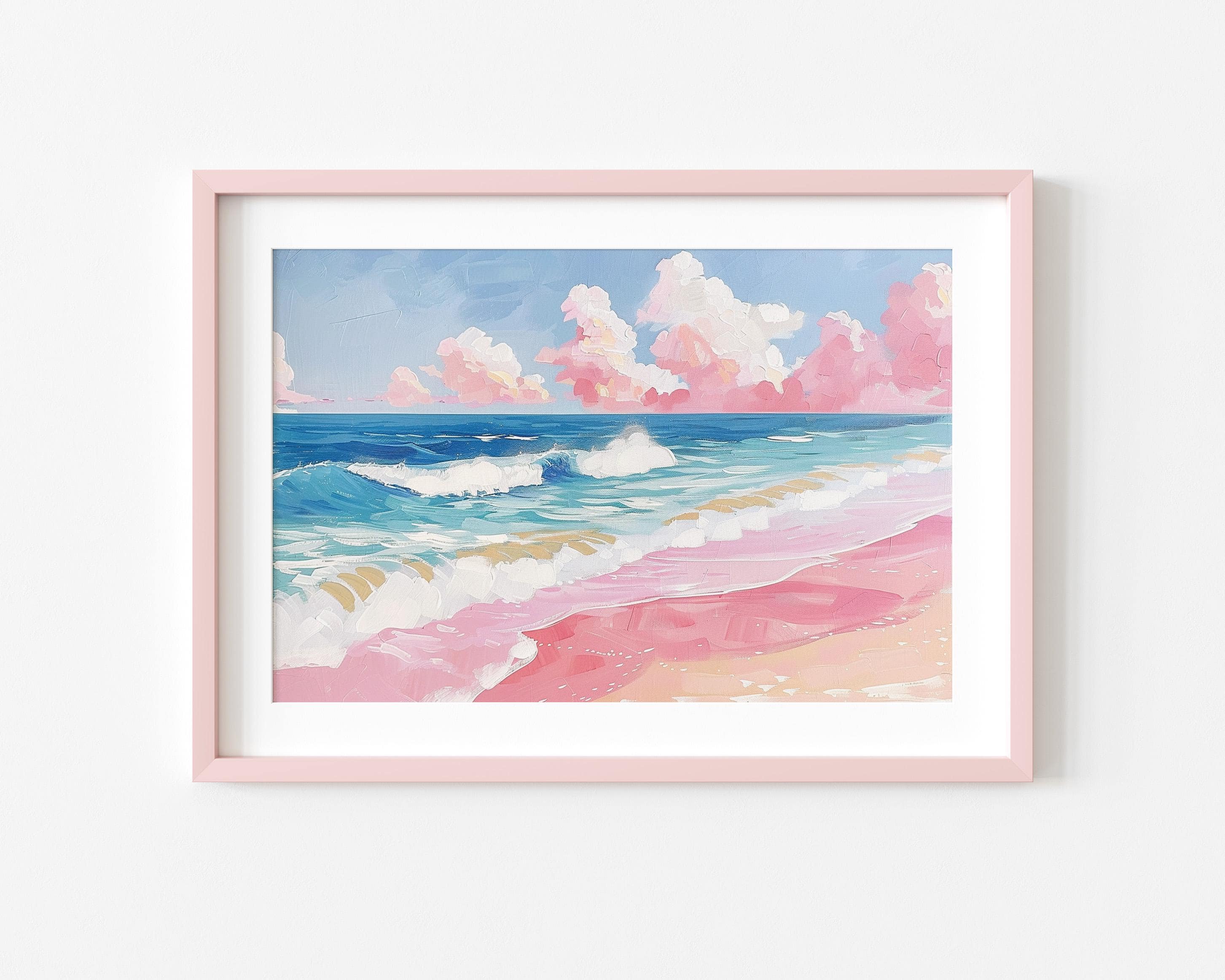 ピンクの砂浜の絵画 | 沿岸の夏の壁アート | 夢のようなビーチの