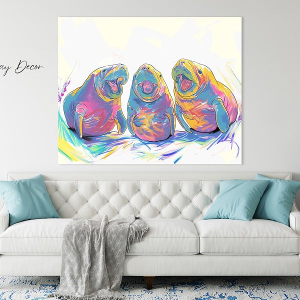 Sea Cow Jokes - Whimsical Manatees - Sea Cow Lovers - Relax & Float - Funny Animal Art - Trendy Preppy Wall Dorm Art - Colorful Sketch Print