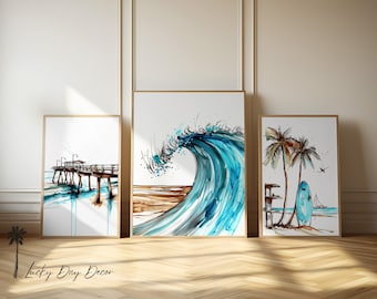 Vintage Surfer Art | Pier Wave Beach | Collection Of 3 | Coastal Living Room Art | Rustic Colors | Fun Surfing Ocean Download & Printable