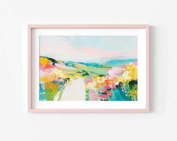 カラフルな花の咲く小道 - 春の田園風景画 - 草原の丘の風景 - 抽象的