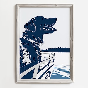 Schwarze Labrador-Ponton-Bootsfahrt | Niedliche Küstenhunde | Sommer Haus Kunst | Blau Skizze Kunst | Strand Cottage Dekor | Hund druckbare Download