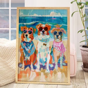 May include: Three dogs wearing sunglasses and bandanas are sitting on a beach. The dogs are a brown and white dog, a white dog, and a brown and white dog. The beach is painted in shades of blue, green, and yellow.