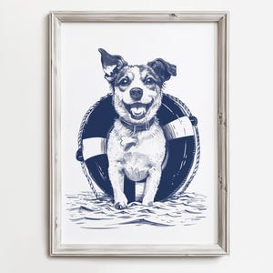 Terrier In Buoy | Happy Lake Dog Sketch | Summer Art Print | Wall Decor For Cottage House | Blue Sketch | Dog Printable | Digital Download