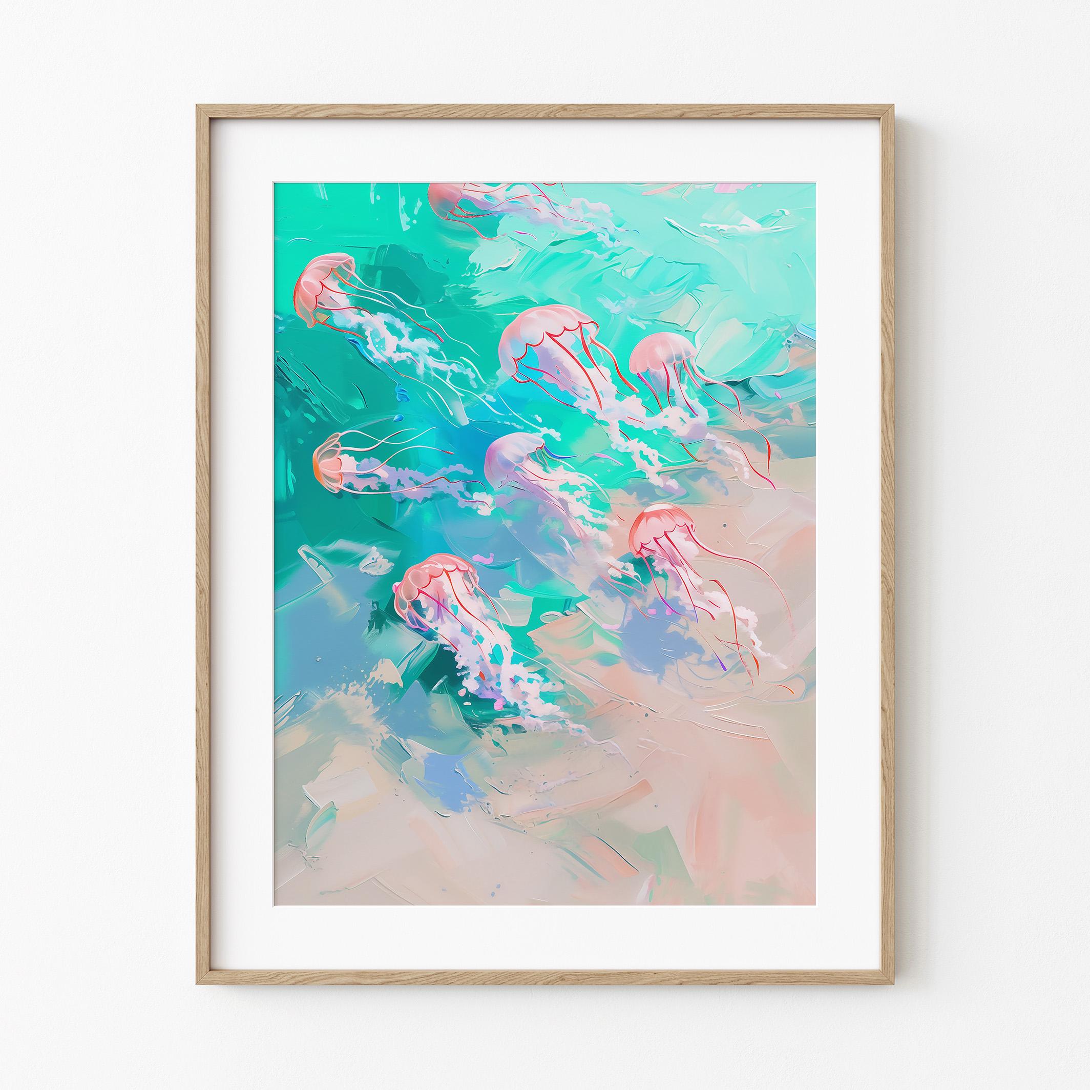 ピンク色の箱クラゲ | 海の生き物の絵画 | カラフルなパステル画の