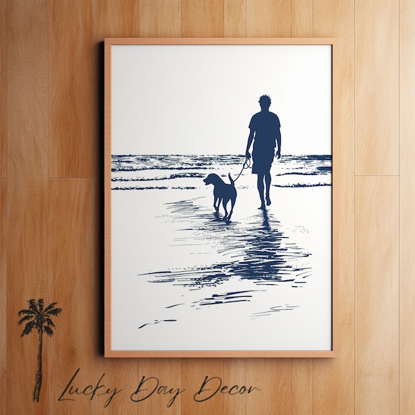 Best Friend Beach Walk - Mans Best Friend - Navy Blue Transparent Sketch - Vintage Coastal Dog Art - Must Love Dogs - Simple Dog Print