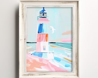 Sunset Lighthouse Pastel Art | Nautical Wall Decor | Oceanfront Home Art | Beachy Coastal Lovers | Summer Printable | Digital Download