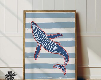 Happy Humpback Whale - Blue Sea Life Decor - Bathroom Nursery Wall Art - Whale Print - Inspired Beach Ocean Print - Trendy Art Printable