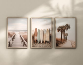 Surfing Beach Art | Collection Of 3 | Serene Relaxing Wall Art | Boardwalk, Palm Tree, Surf Boards | Coastal California Wall Decor Printable