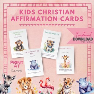 May include: Printable Christian affirmation cards for kids featuring cute animal illustrations. The cards include positive affirmations and bible verses.  The cards are designed to be printed at home.