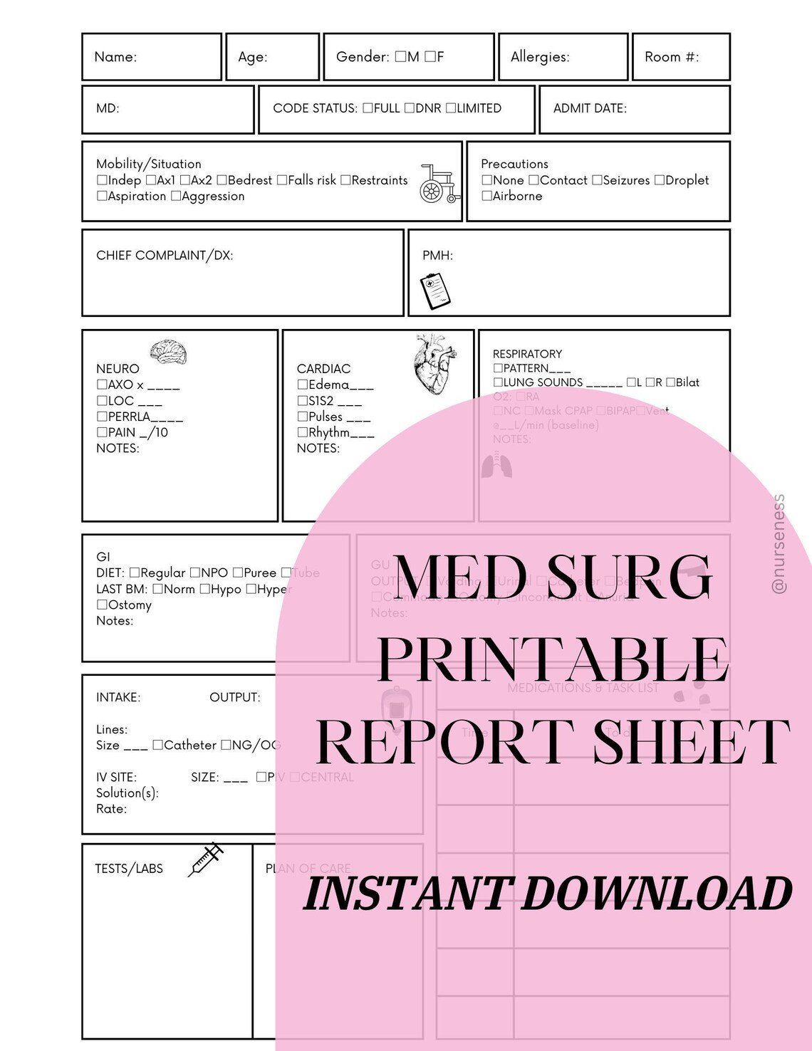 Med Surg Nursing Report Sheet | Nurse Report Sheet | Printable ...