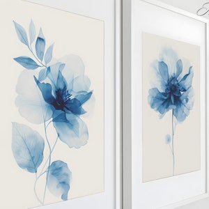 Trilogy of Blue Blooms - Set of 3 Modern Art Paintings: Flowers and Leaves - Stylish Wall Art for Tranquil Living Spaces