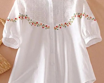 Chemise femme pur coton, chemisiers brodés vintage pour femme, haut blanc vêtements d'été, chemise femme légère, cadeau pour elle