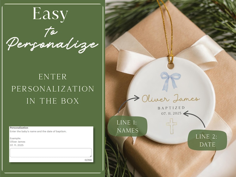 May include: White ceramic ornament with a blue bow and gold text that reads "Oliver James, Baptized 07. 11. 2025." The ornament hangs from a gold string and is on a wrapped gift.