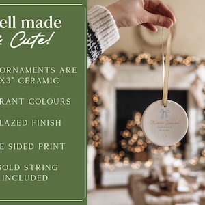May include: A round ceramic ornament, 3x3 inches, with a light blue bow and text. The ornament has a gold string for hanging. The text on the ornament reads "Oliver James Baptized 02.14.2023". The text "Well made & Cute!" is also visible.