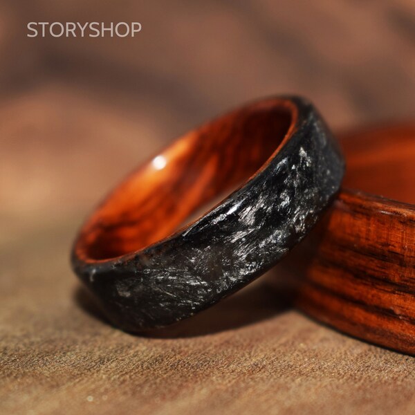 Forged carbon ring with red rosewood/Handmade/Custom/Wooden Rings from Adult Rings/Wooden Ring with Turquoise/Handmade ring/ Rings for lover
