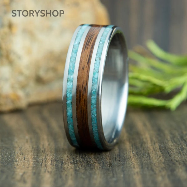 Titanium ring with walnut wood panel and natural Turquoise stone//Wooden Rings from Adult Rings/Wooden Ring with Turquoise/Handmade rings