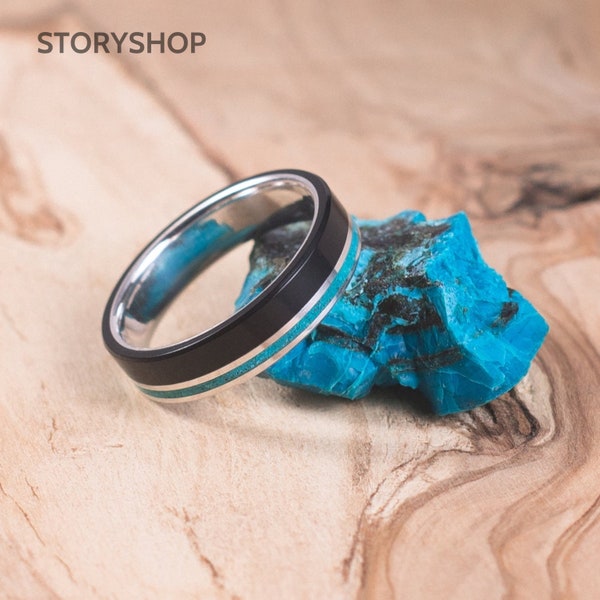 Titanium ring with ebony and peacock feather stone/Handmade/Wooden Rings from Adult Rings/Turquoise Wooden Rings/Handcrafted Ring/Lover Ring