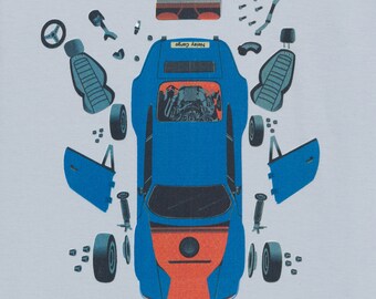 Kids Race Car Mechanic Tee, GOTS Organic Cotton, Blue Sports Car Graphic (Sizes 2T-7)