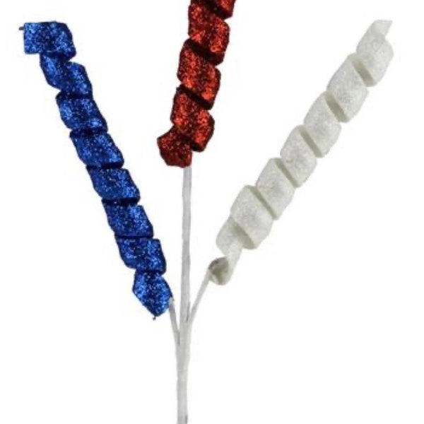 13.5"L glitter curly pick, white and blue wired pick , Patriotic wreath embellishment, HJ1057