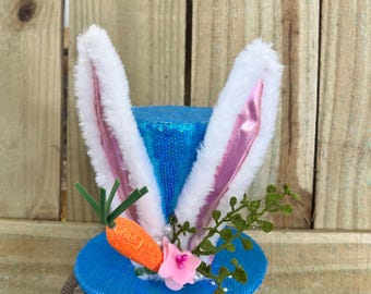 Blue Sequin Bunny Top Hat Wreath Embellishment, Bunny Theme