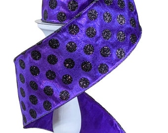 Purple and black glitter  pokadot 4in by 10Y wired ribbon, Farrisilk designer ribbon, Halloween ribbon, RA280-27