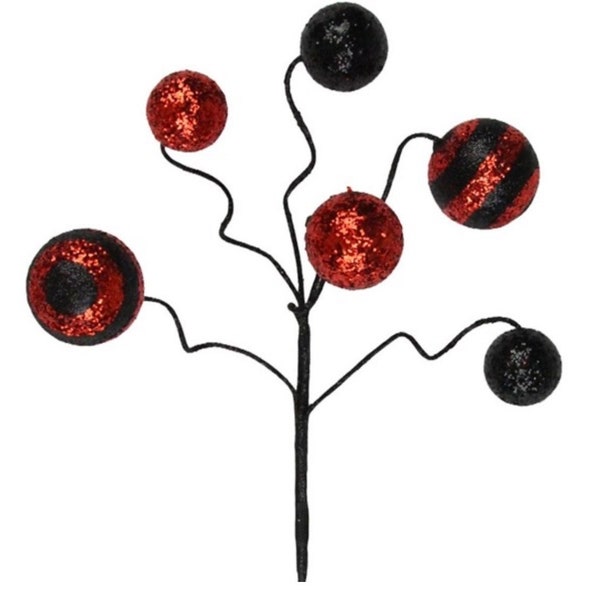 17"L black and red glitter ball pick, summer wreath embellishment, lady bug pick, Christmas tree spray, XS9944NH