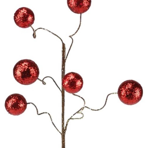 18"L red glitter ball pick,  wreath embellishment, lady bug pick, Christmas tree spray, XS971124