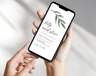 Puede incluir: Una invitación de boda en la pantalla de un teléfono inteligente con un diseño de rama verde con hojas. La invitación dice "lily and steve" e incluye los nombres Lily Piere y Steve Smith, la fecha domingo 21 de mayo de 2023 a las 2 pm, y la ubicación The Plaza Hotel, 5th Avenue New York 10019.