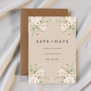 Botanical Cream Floral Wedding Invitation, Elegant Neutral Palette, Customizable Digital Template, Instant Download, Editable Template