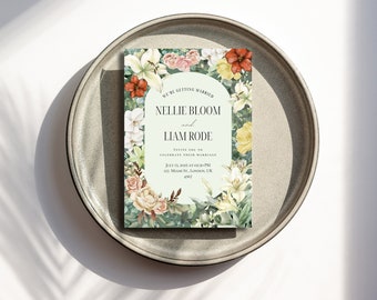 May include: A wedding invitation with a floral border. The invitation reads "We're getting married, Nellie Bloom and Liam Rode, Invite you to celebrate their marriage, July 13, 2025 at 2:00 PM, 121 Main St, London, UK, 4567".