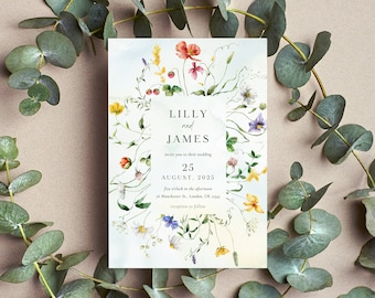 May include: A wedding invitation with a watercolor design of wildflowers in shades of yellow, pink, blue, and red. The invitation reads "Lilly and James invite you to their wedding August 25, 2025 five o'clock in the afternoon 26 Manchester St., London, UK 12345 reception to follow."