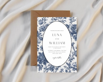 Blaue Blumenhochzeitseinladung - Vorlage: Elegant, Bearbeitbar (Instant Download)