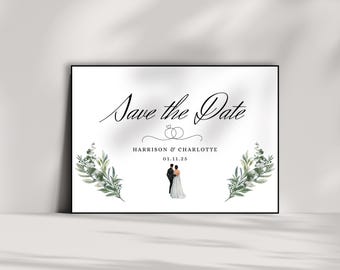 May include: Save the Date card with a white background, black text, and a watercolor illustration of greenery. The text reads "Save the Date", "Harrison & Charlotte", and "01.11.25".
