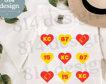Kansas City Hearts PNG, Kelce, Mahomes jpg, 15, 87, KC Football Valentines, Red Kingdom Game Day Gear at Arrowhead, for sublimation, dtf