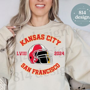 Kansas City vs San Francisco LVIII 2024 Las Vegas PNG, Campionato mondiale di calcio Super Sunday, Casco vintage Varsity, Maglione retrò KC