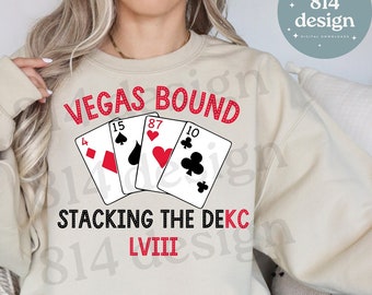Kansas City Vegas Bound 2024, Stacking the Deck, LVIII png, KC Football World Championship, Kelce, Mahomes, Pacheco, Rice, Red Kingdom