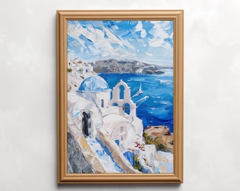 Santorini Blue Dome Church Art Print: Vintage Travel Poster (Digital Download)