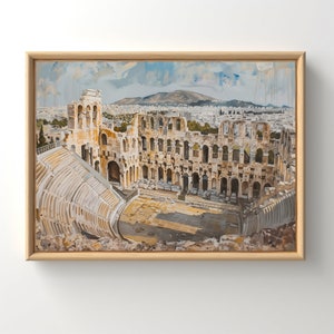 May include: A painting of the ancient Odeon of Herodes Atticus in Athens, Greece. The structure is made of stone and has a large, open-air stage. The painting is done in a realistic style and captures the beauty of the ancient structure.