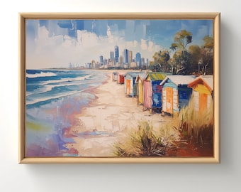 May include: A painting of a beach scene with colorful beach huts in the foreground and a city skyline in the background. The beach huts are painted in bright colors, including red, blue, green, yellow, and orange. The city skyline is visible in the distance, and the sky is a light blue with white clouds.