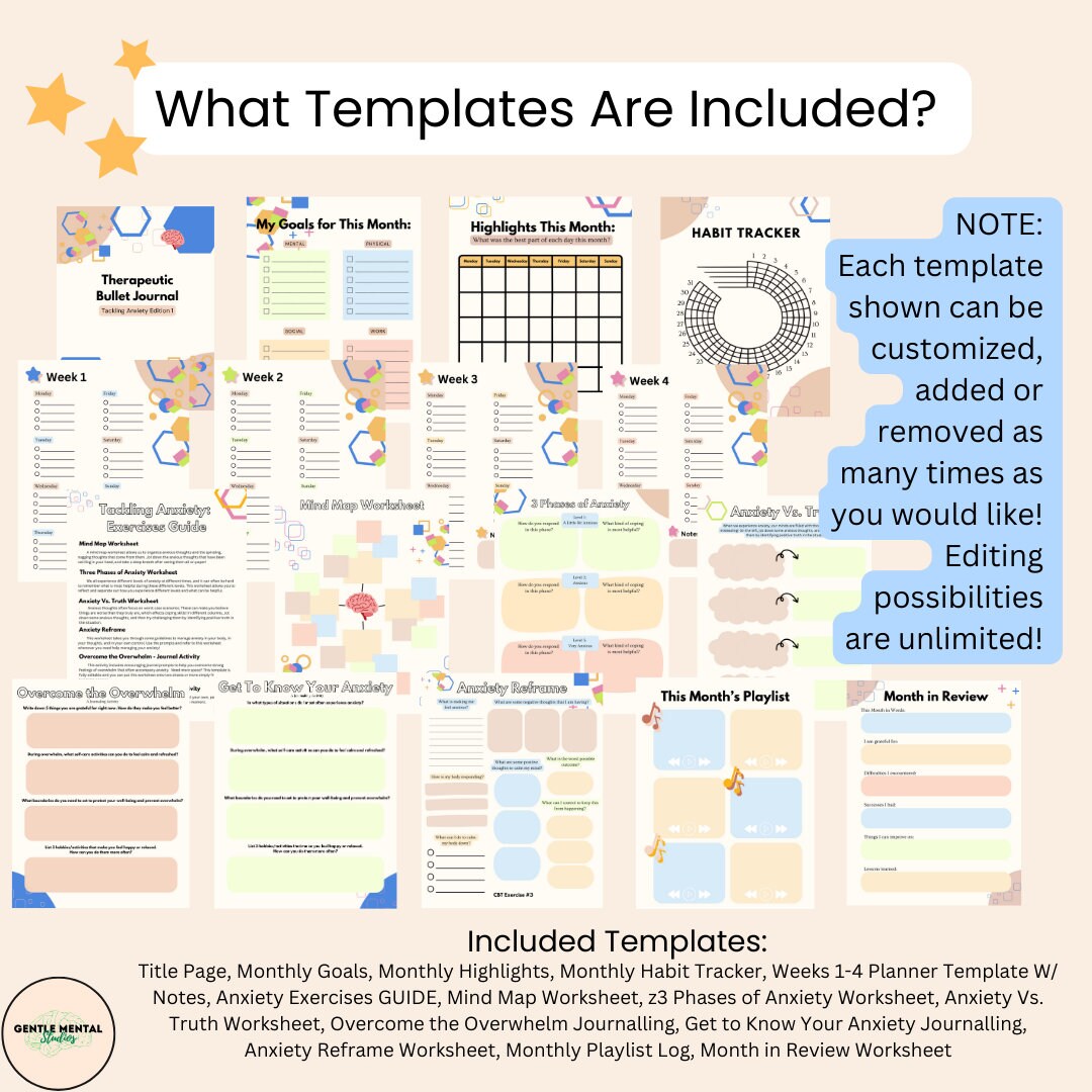 Therapeutic anxiety journal canva template mental health worksheets