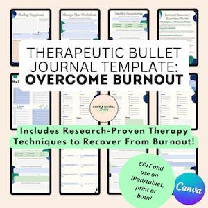 Burnout Recovery Therapeutic Bullet Journal Canva Template  Monthly Trackers Self-Care Worksheets Mindfulness Tools Instant Digital Download