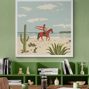 Surf Cowboy Riding a Horse Art Print Illustration - Horse Beach Walk - Remote Surf Exploring - Western Surf Trek on Horseback