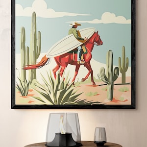 Surf Cowboy Riding a Horse Art Print Illustration - Horse Desert Walk - Desert Surf Exploring - Surf Trek on Horseback