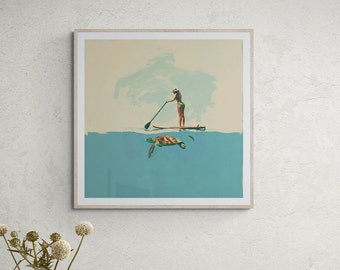 May include: A woman in a green swimsuit and a white hat stands on a paddleboard, holding a paddle. The water is a light blue color, and a sea turtle swims beneath the surface.